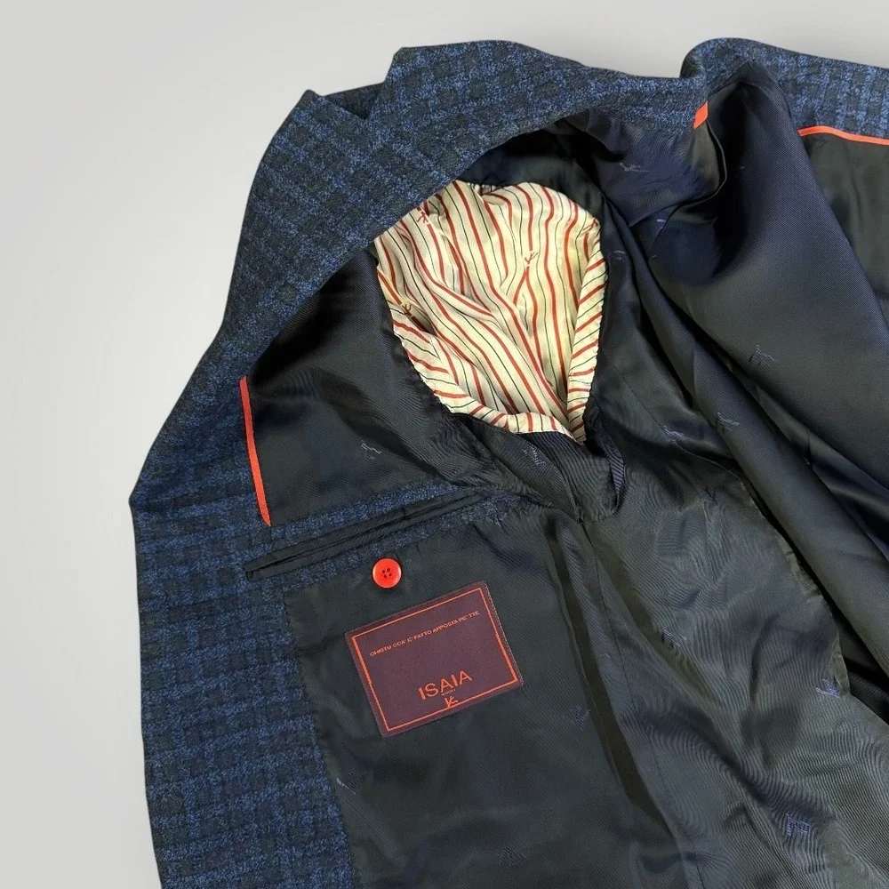 Isaia Napoli Blue Wool Silk Cashmere Check Sport Coat Blazer Made‎ in Italy 52R